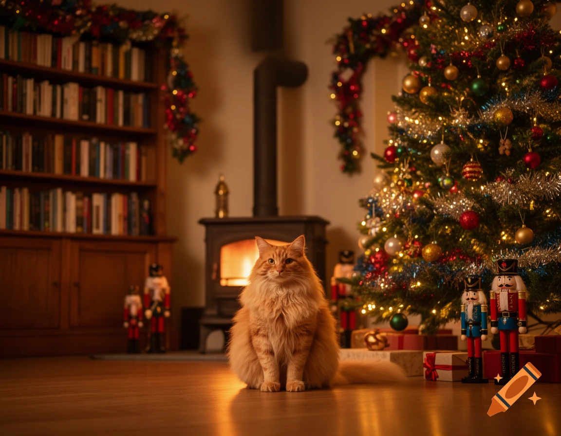 A fluffy ginger cat sits on a wooden floor in a cozy, warmly lit room decorated for Christmas with a lit tree, fireplace, and bookshelf.