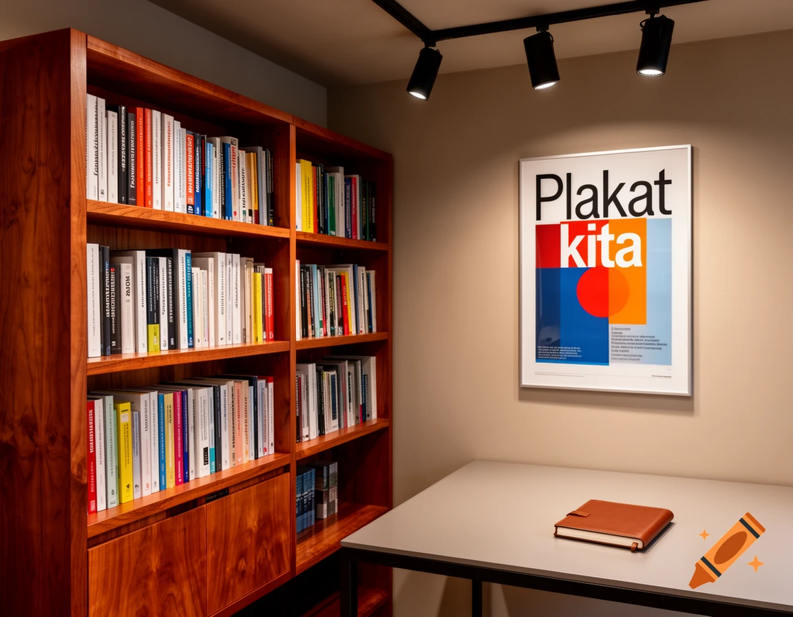 Photorealistic image of a cozy home office with a large wooden bookshelf, a desk, and a 'Plakat kita' poster on the wall.