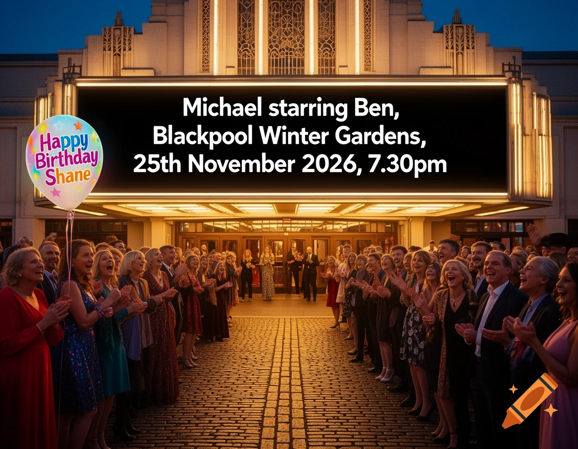 A large crowd stands and applauds outside an illuminated art deco theater at dusk, with a marquee displaying event details and a 'Happy Birthday Shane' balloon.