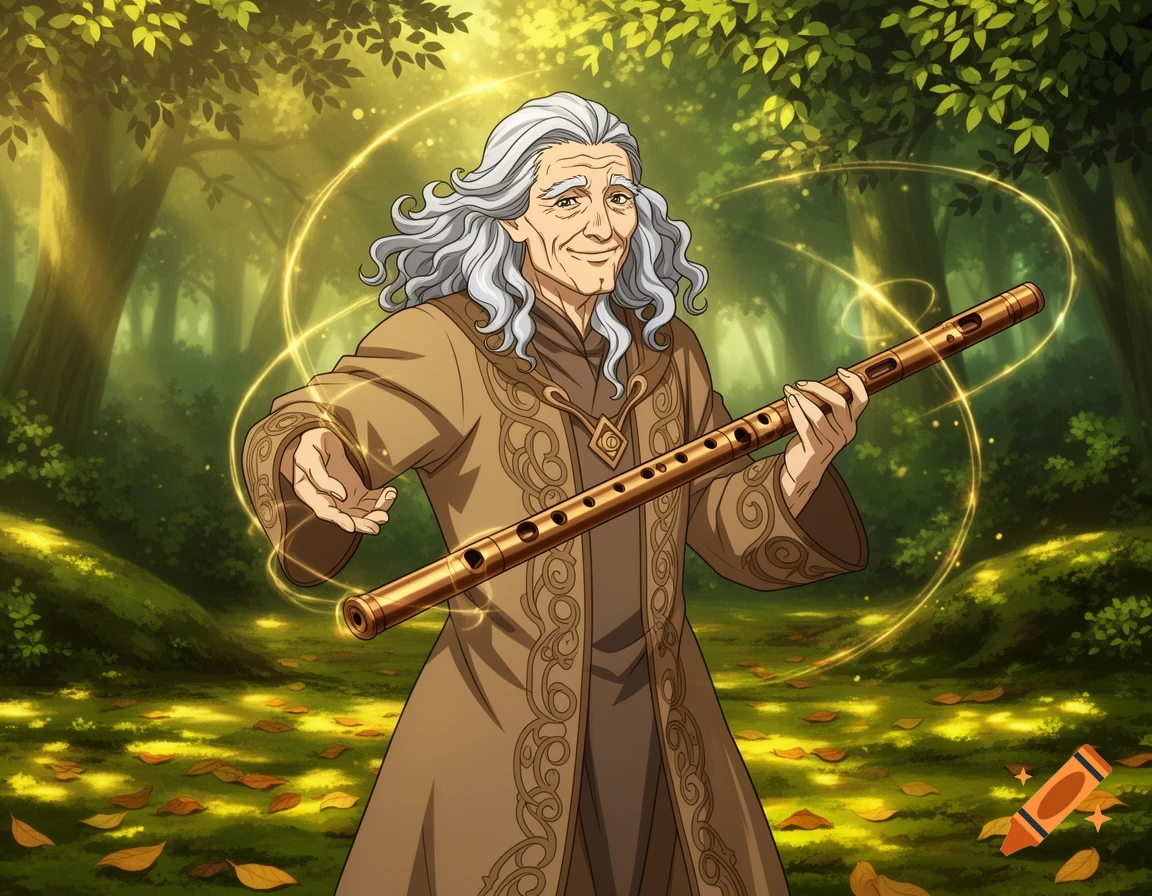 An anime-style old man with long white hair in a brown robe holds a flute amidst a luminous green forest.