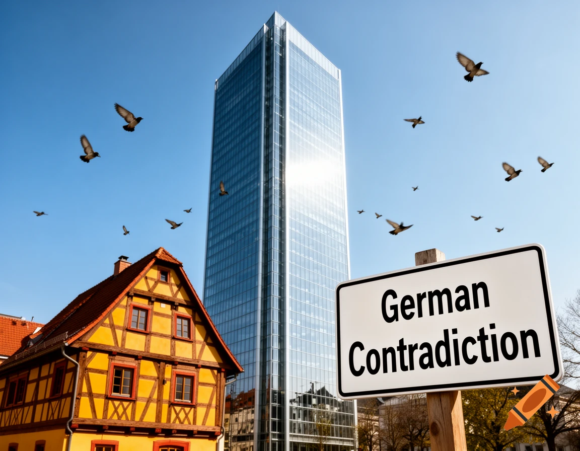 Photorealistic image of a modern skyscraper next to a traditional German house, with a sign saying 'German Contradiction' under a blue sky.