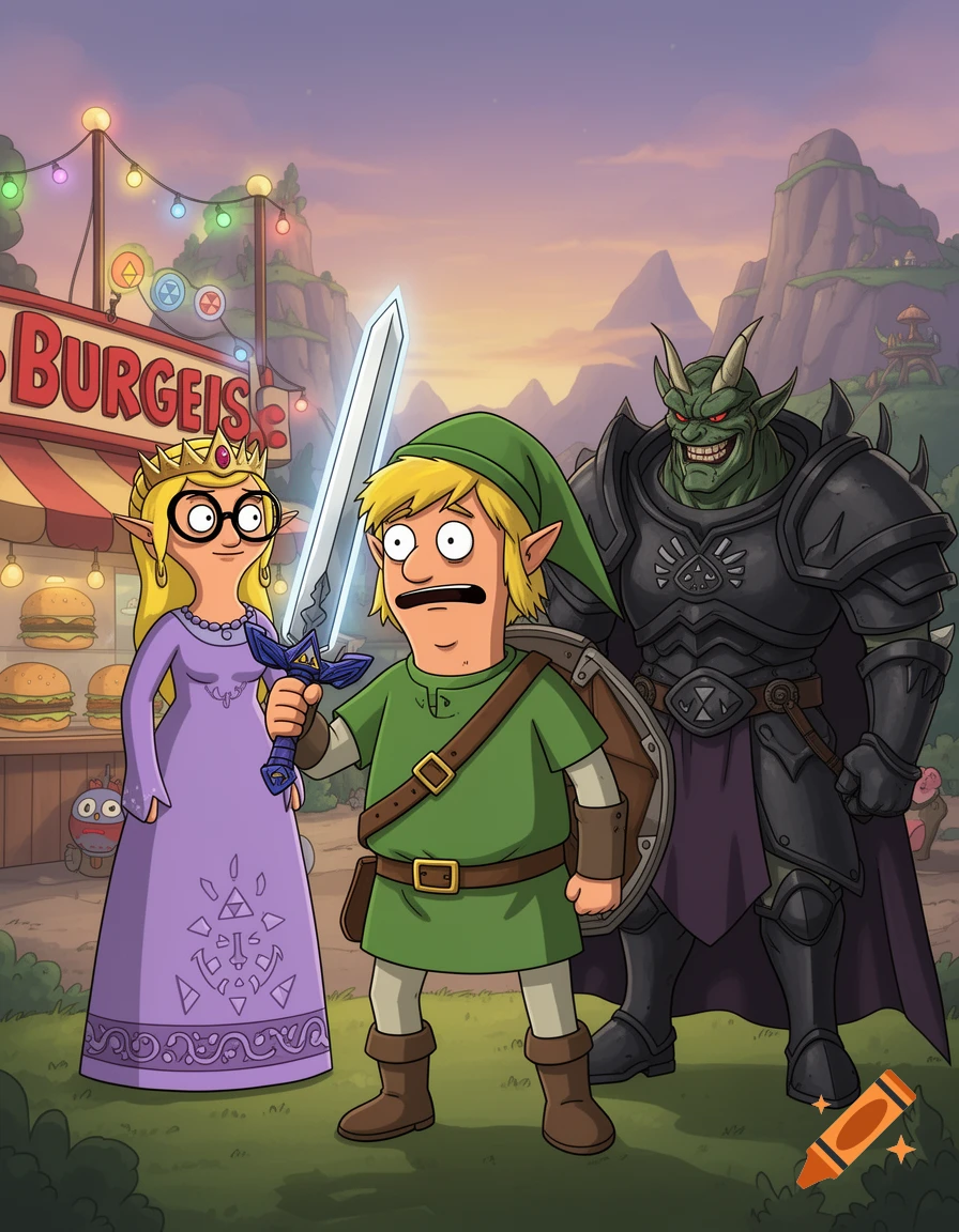 Bob's Burgers characters as Legend of Zelda. Bob as Link holds a sword, Linda as Zelda, and Jimmy Pesto as Ganondorf.