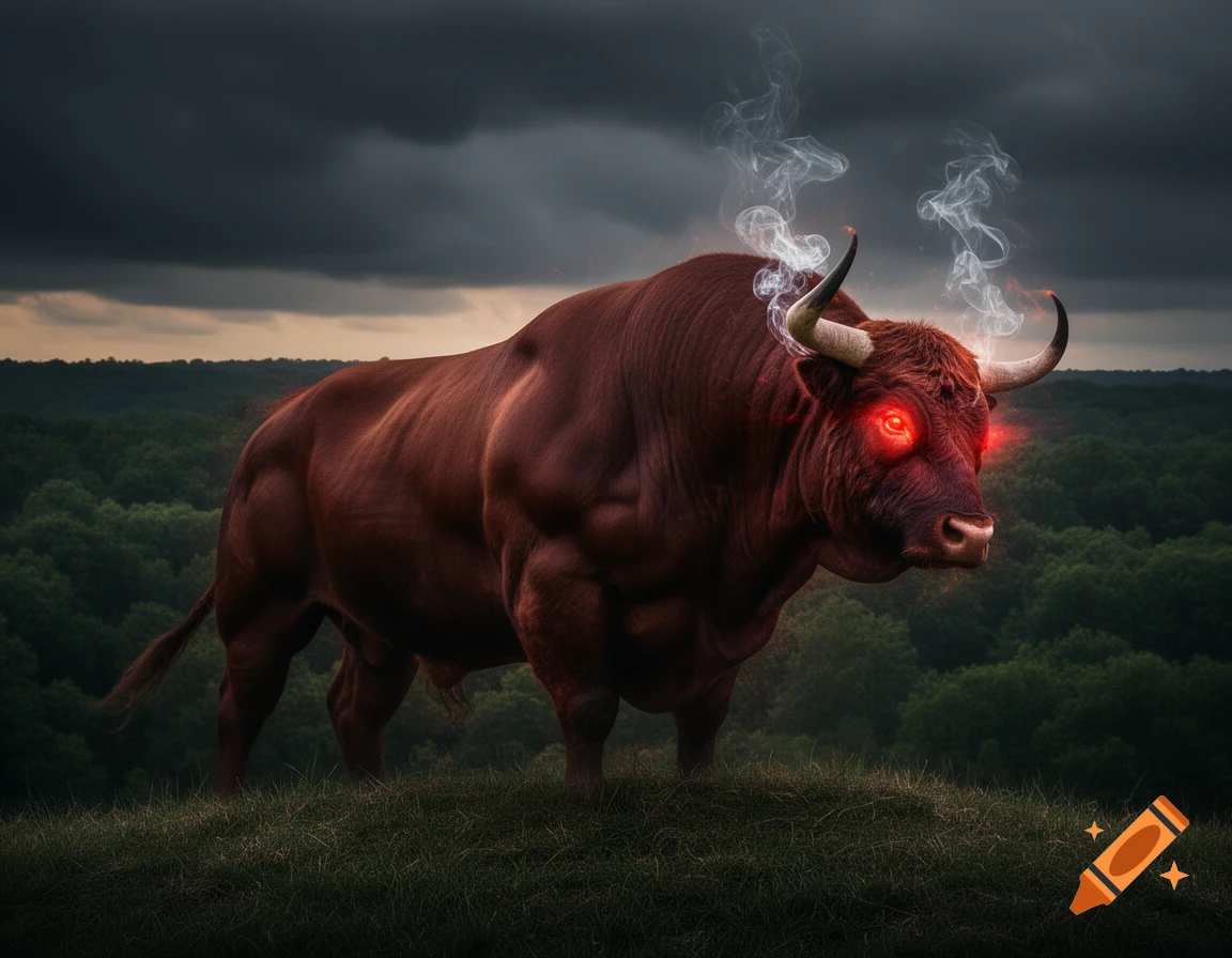 A muscular, dark brown bull with glowing red eyes and smoke rising from its head stands on a grassy hill against a stormy sky and a dense forest.