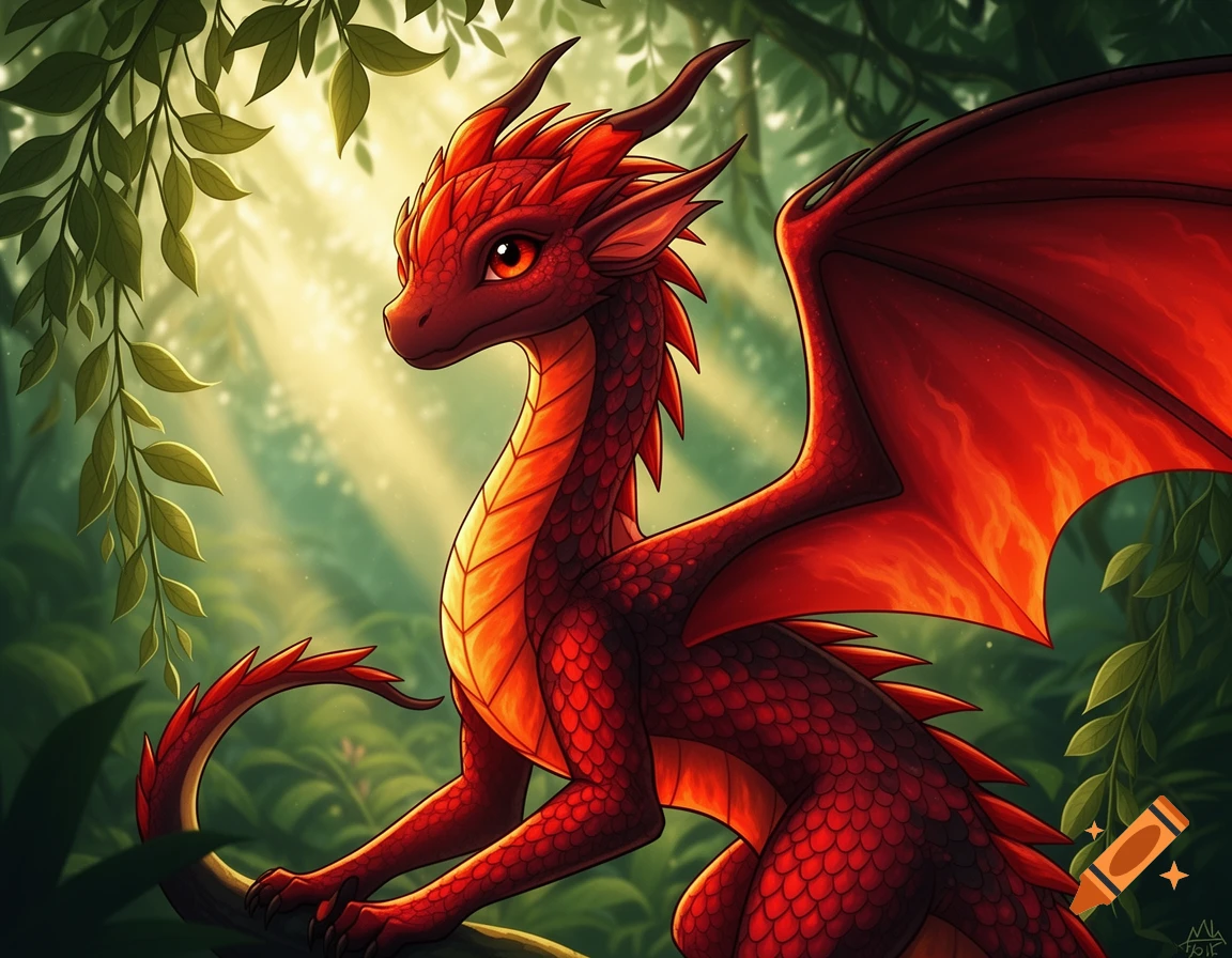 A stylized red dragon with large wings and scales perches on a branch in a sunlit forest, looking left.