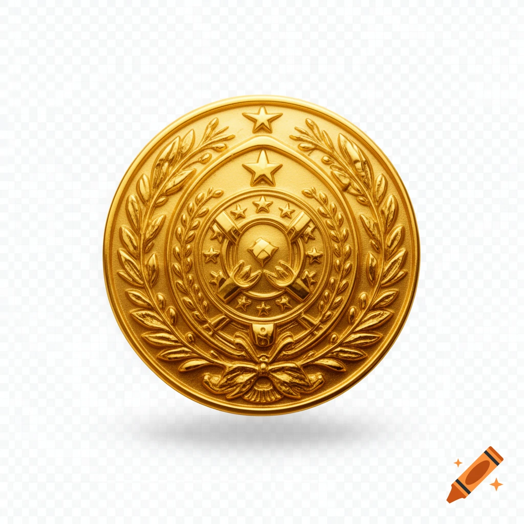 A highly detailed, circular, embossed golden badge featuring stars, laurel wreaths, and a central emblem, set against a transparent background.