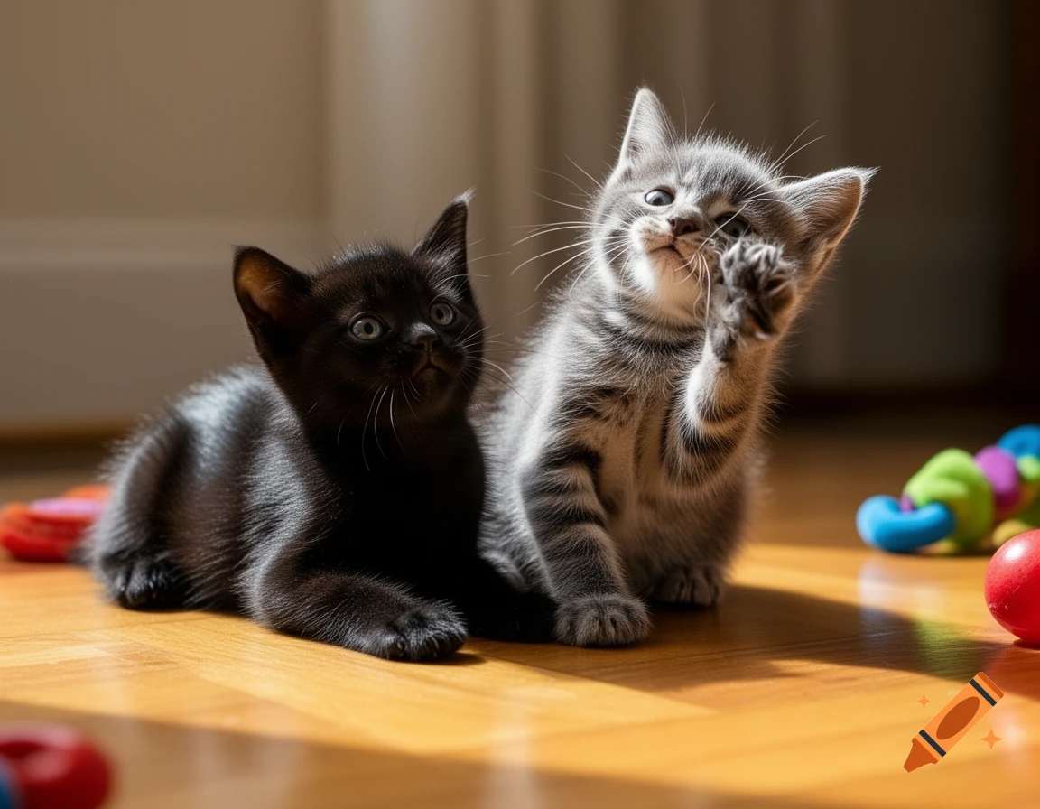 Two photorealistic kittens, one black and one grey tabby, playing on a wooden floor with colorful toys.