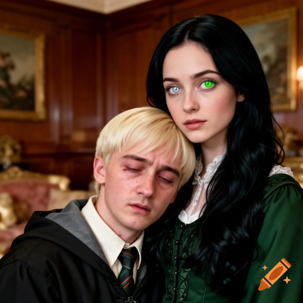 A young man with blond hair and a green tie leans on a woman with long black hair and heterochromatic eyes (one blue, one green) in a grand, wood-paneled room.