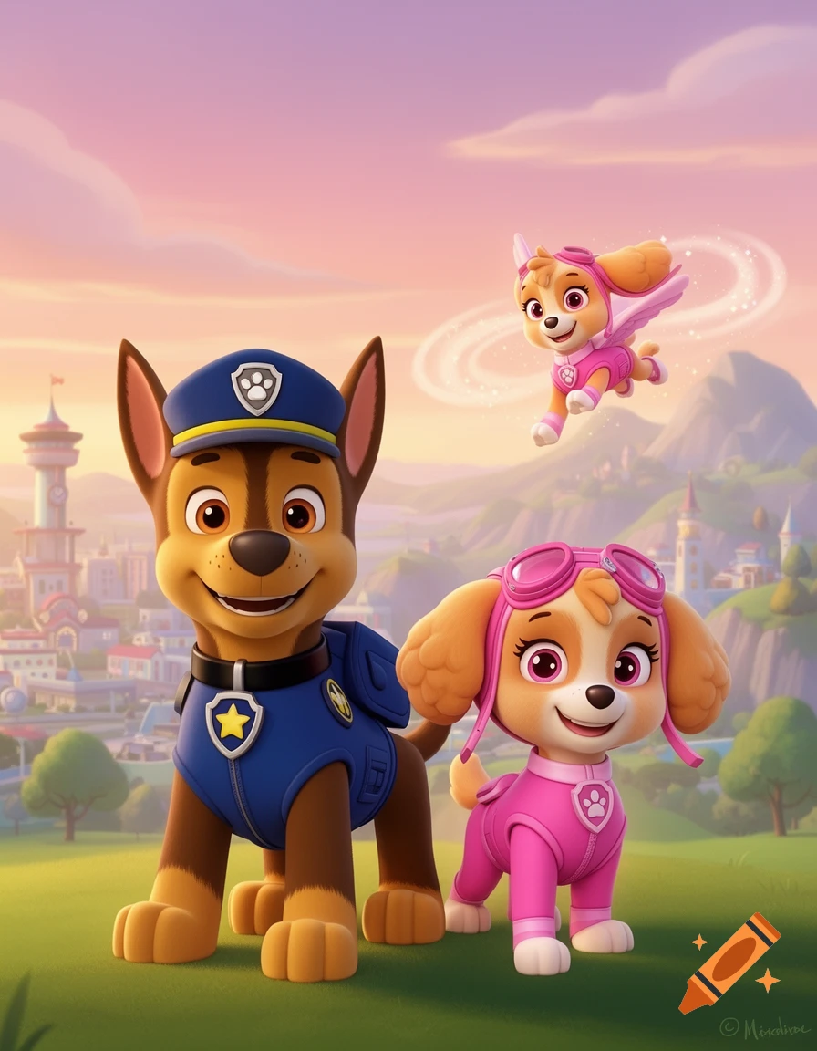 A bright illustration shows Chase, a police dog in blue, and Skye, a flying dog in pink, smiling in a city park at sunset.