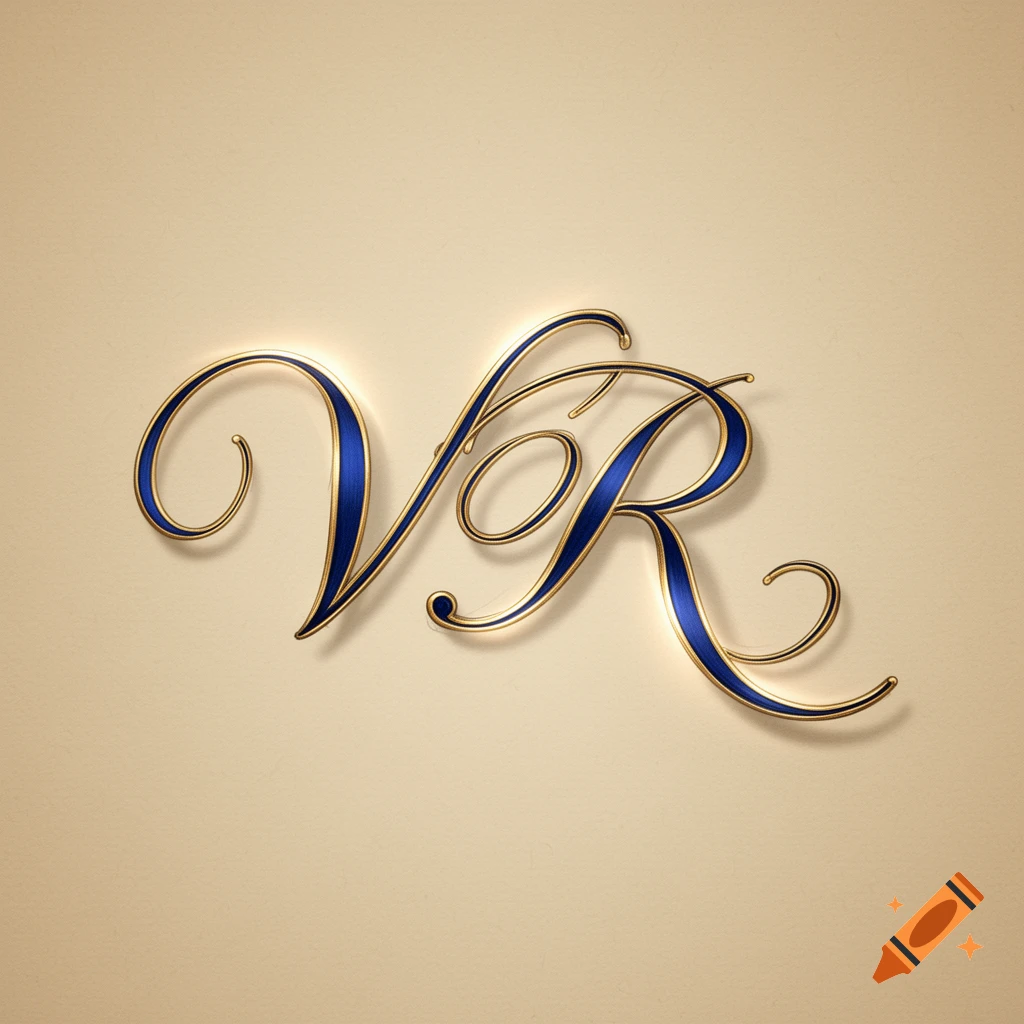 Stylized, elegant cursive initials "VR" in gold with a blue inset, illuminated on a cream background.