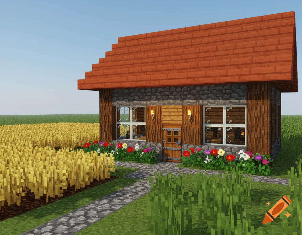 A blocky Minecraft-style house with a red roof, stone base, wooden walls, a stone path, colorful flowers, and fields of wheat under a blue sky.