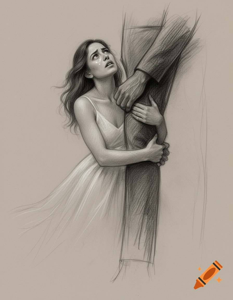 A distressed woman in a dress clings to a man's leg, looking up with tears, in a detailed pencil sketch.