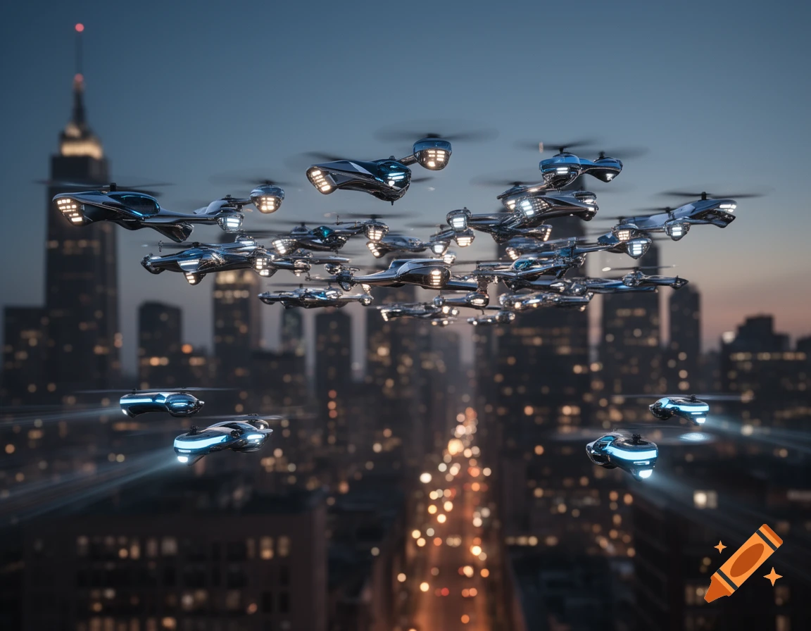 A swarm of futuristic drones with glowing lights flies over a city at dusk, with skyscrapers and a lit street below.