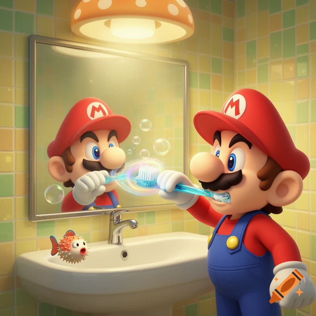 Mario brushing his teeth in a bathroom, reflected in the mirror, with a pufferfish toy on the sink, in a cartoon style.