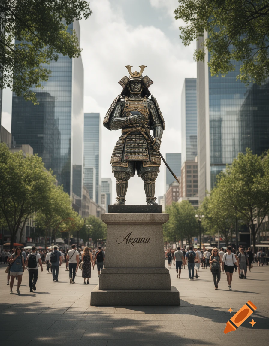 A photorealistic image of a samurai statue with a sword on a pedestal, standing in the middle of a modern city street with skyscrapers and people walking around.