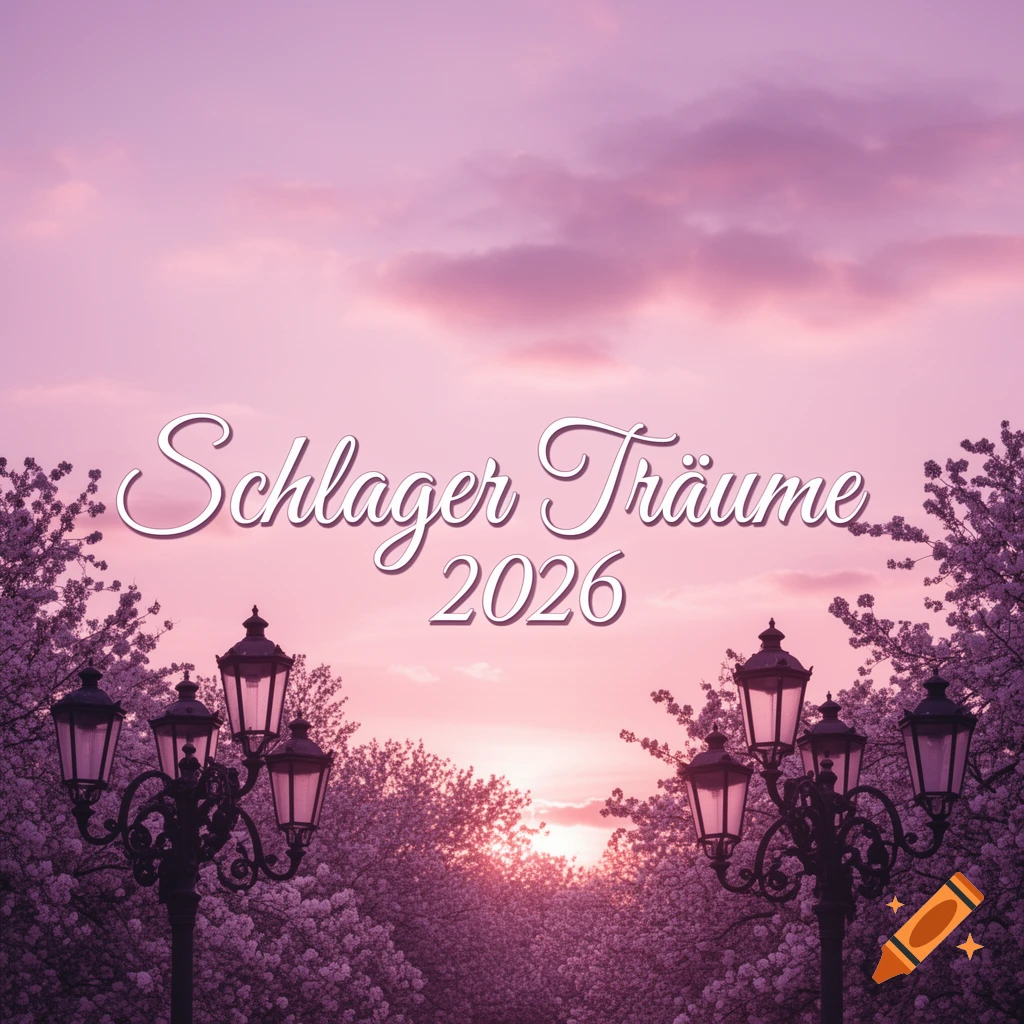 Album cover with "Schlager Träume 2026" text against a pink sunset sky, framed by cherry blossoms and street lamps.