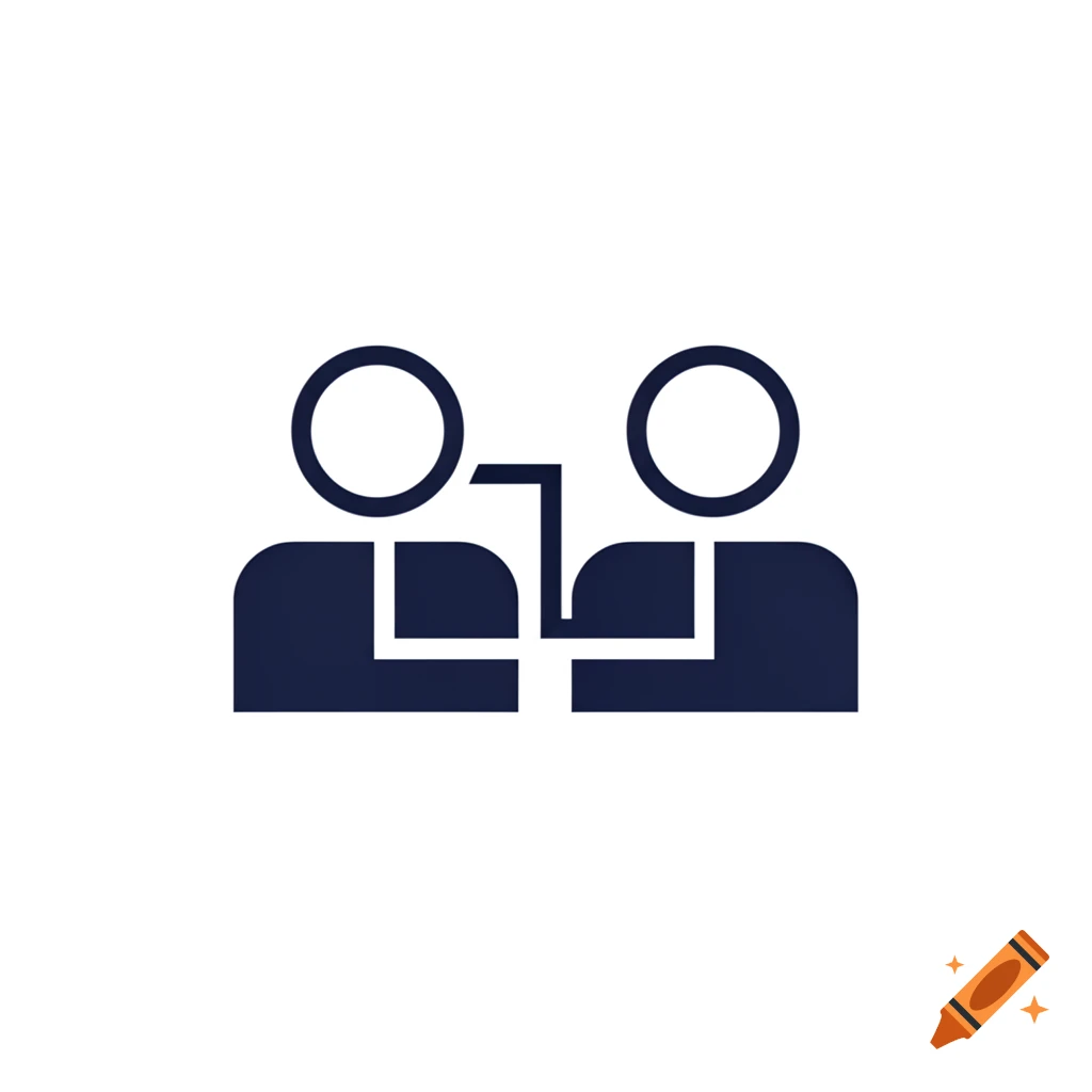 Minimalist flat design icon of two dark blue user profiles connected by a line on a white background.