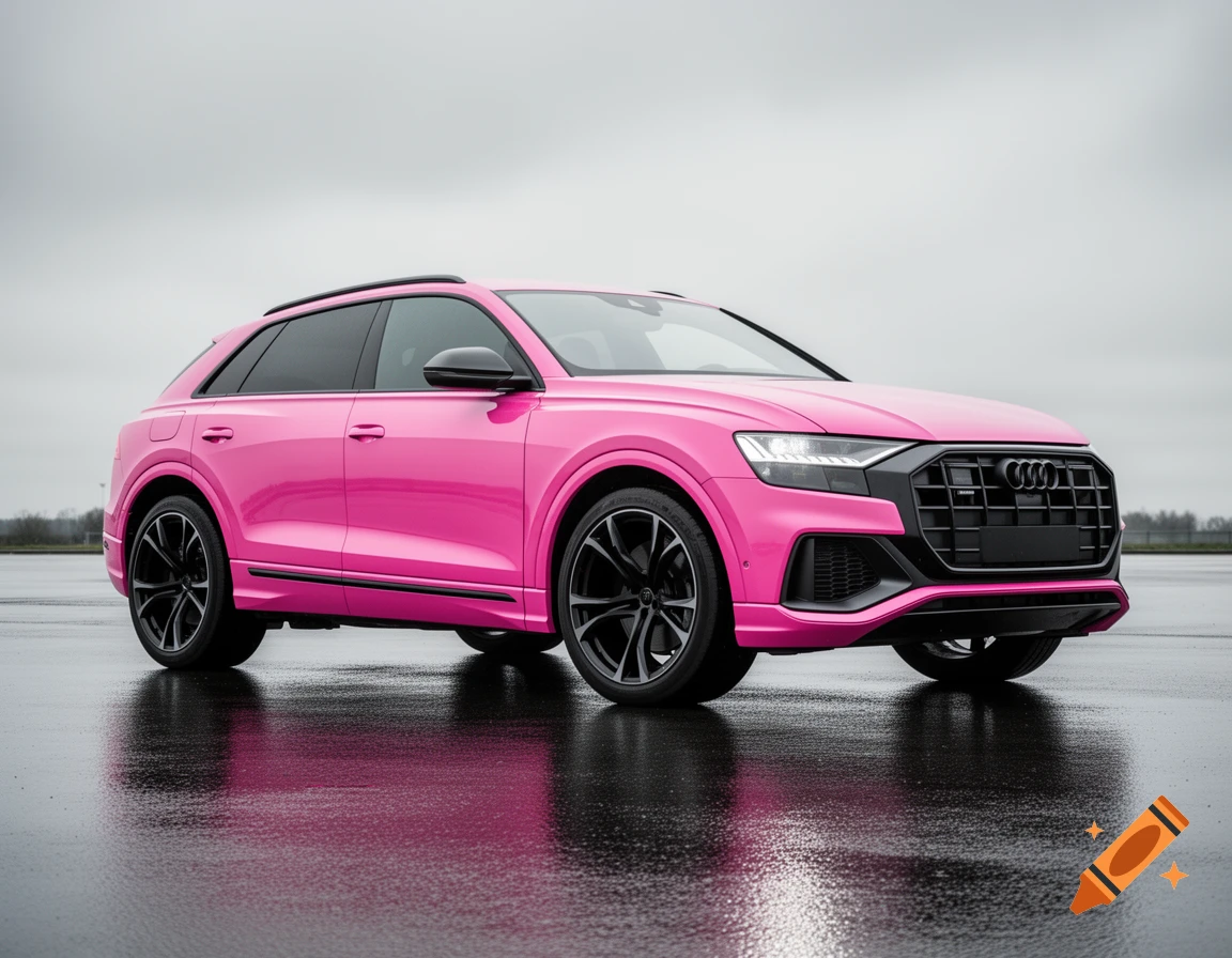 A pink Audi Q8 SUV with black rims and a black grille on a wet road under an overcast sky.