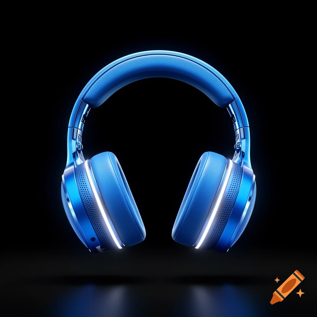 High-tech blue headphones with glowing white accents on a black background.