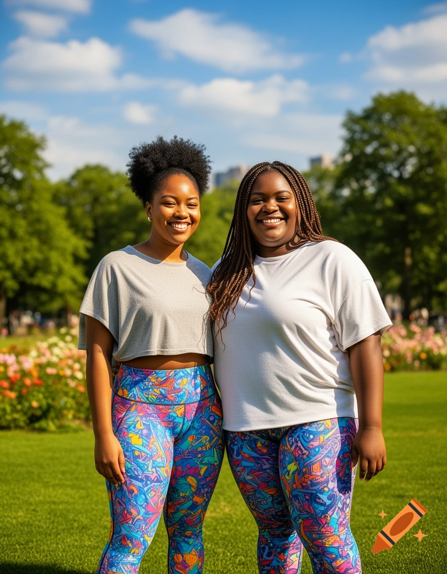 Two smiling Black women, one with an afro and one with braids, stand together in a sunny park wearing patterned yoga pants and t-shirts.