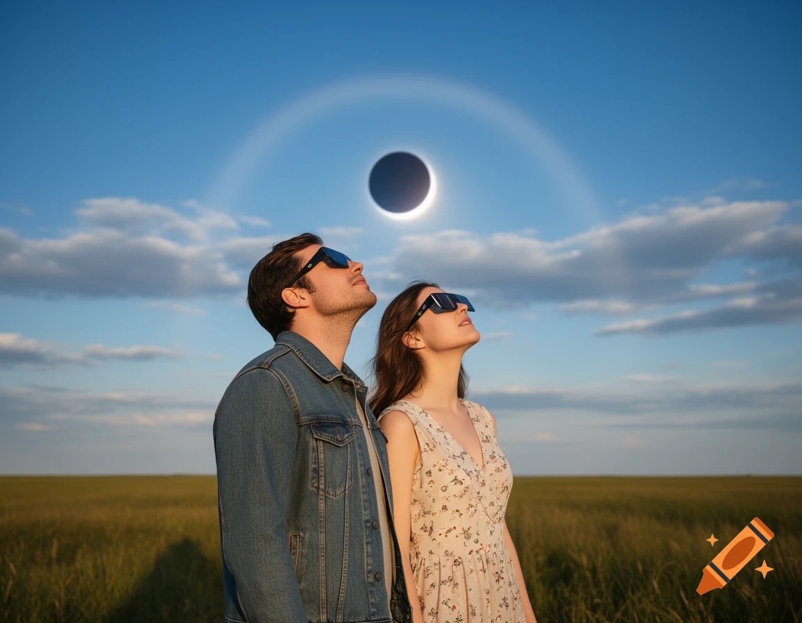 A man and a woman in sunglasses look up at a partial solar eclipse in a blue sky above a grassy field.