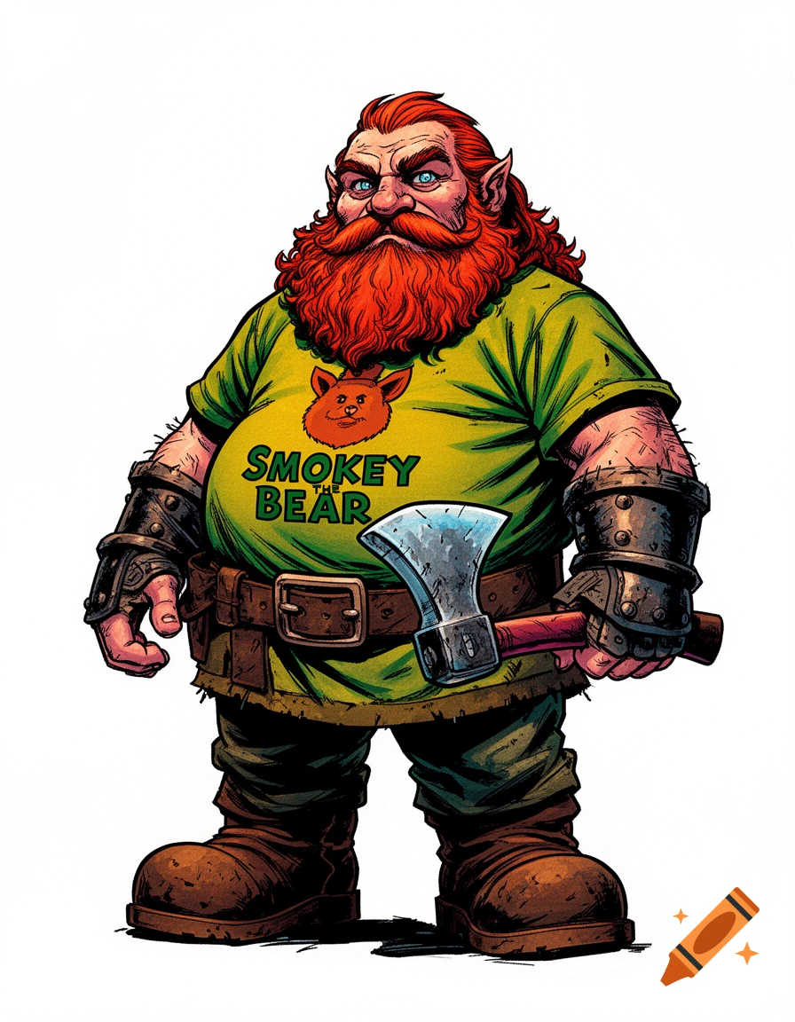 A dark comic book style illustration of a dwarf with a red beard, wearing a green 'Smokey the Bear' t-shirt and holding an axe.