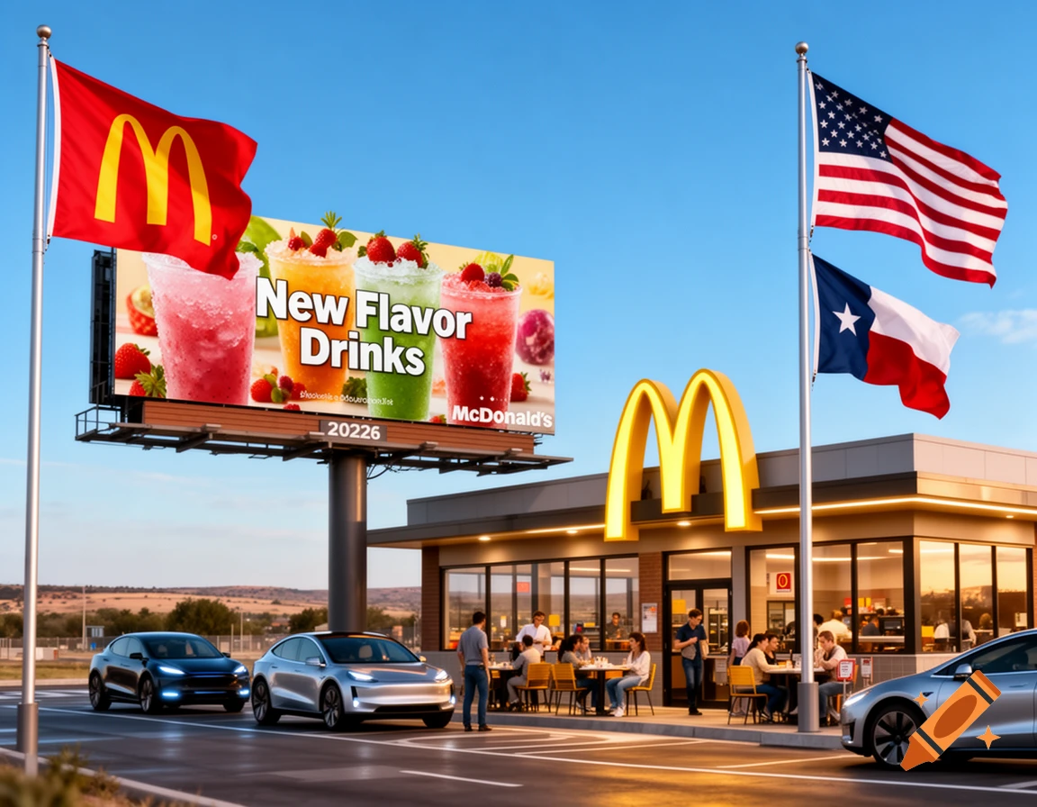 A photorealistic image of a McDonald's restaurant with an outdoor seating area and several cars in the parking lot, under a blue sky. A large billboard advertises "New Flavor Drinks." American, Texas, and McDonald's flags fly high above.