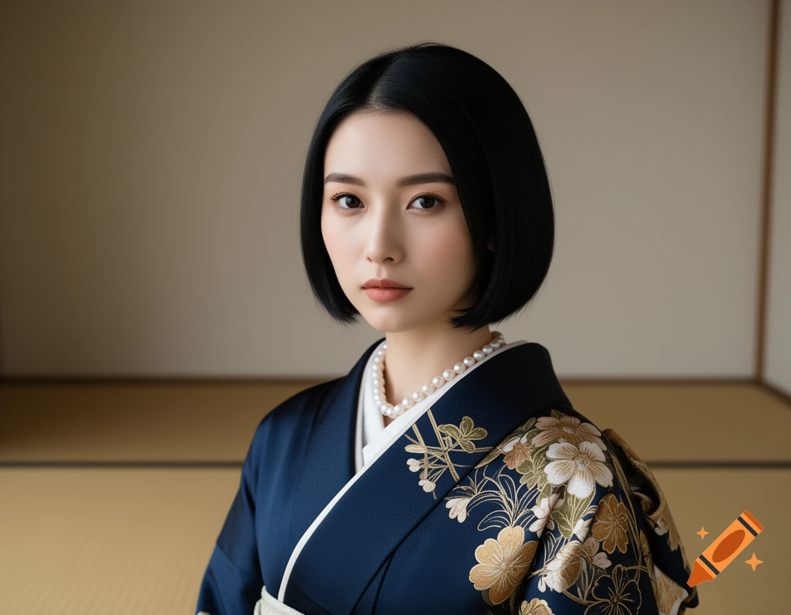 A serene woman with short black hair wears a navy blue kimono with gold and white floral embroidery and a pearl necklace.