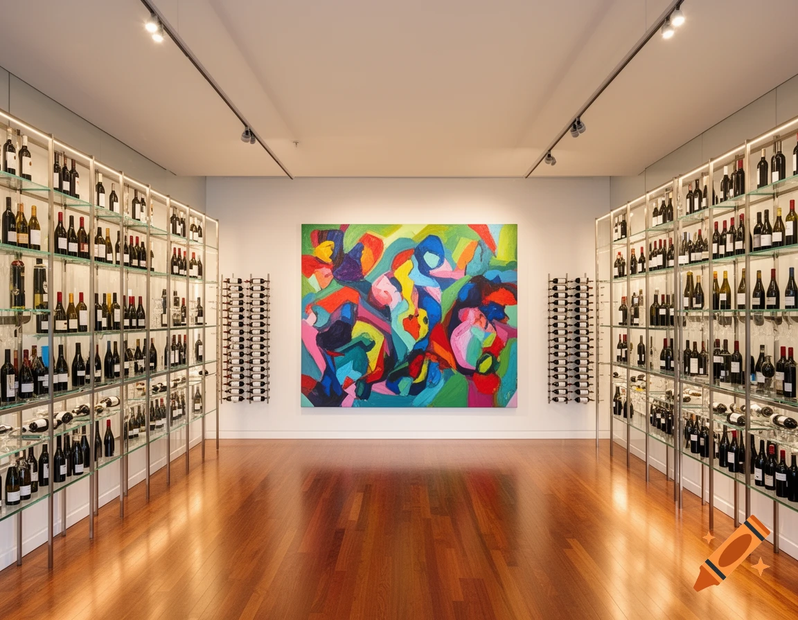 A modern wine shop interior with rows of wine bottles, a large colorful abstract painting on the wall, and a polished wooden floor.