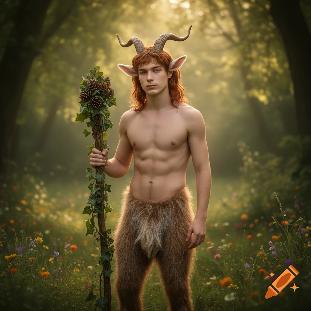 Photorealistic young male satyr with reddish hair, horns, and furry legs, holding a pinecone and ivy staff in a sunlit forest.