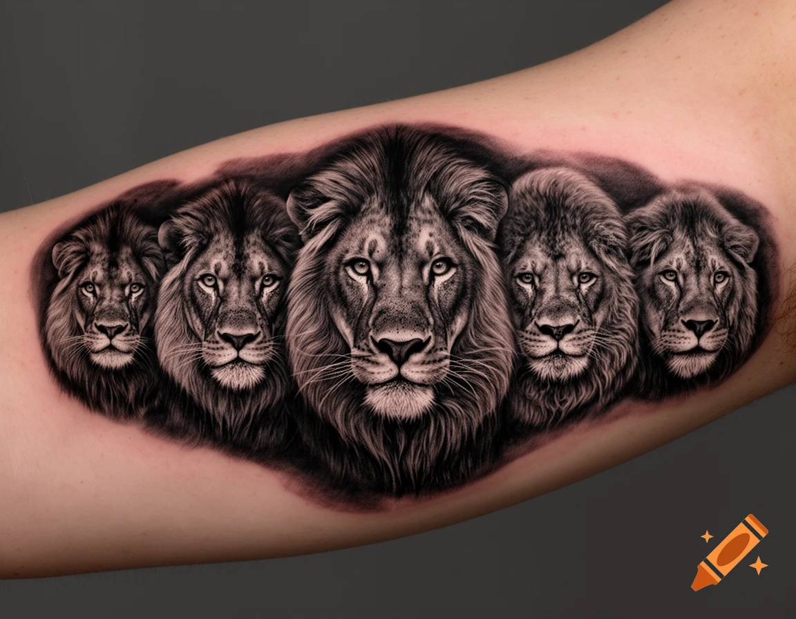 Photorealistic black and white tattoo of five lion heads, arranged closely on a person's arm.