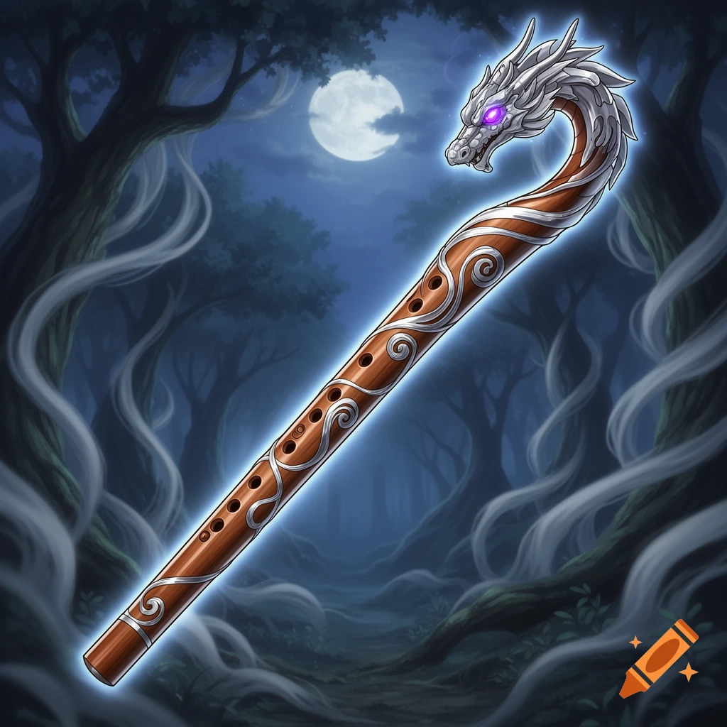 A glowing wooden staff shaped like a flute with a silver dragon head and purple eyes, set against a dark, misty fantasy forest under a full moon.