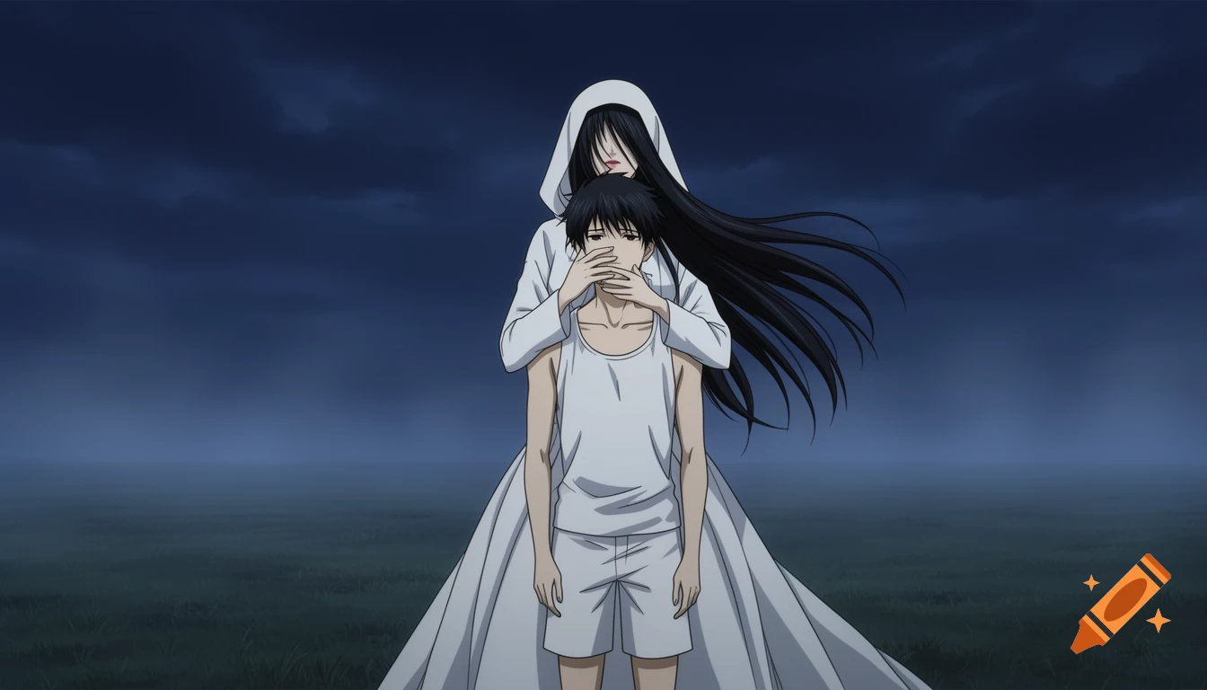 A ghost-like woman with long black hair covers a young man's mouth from behind in a dark, misty anime landscape.