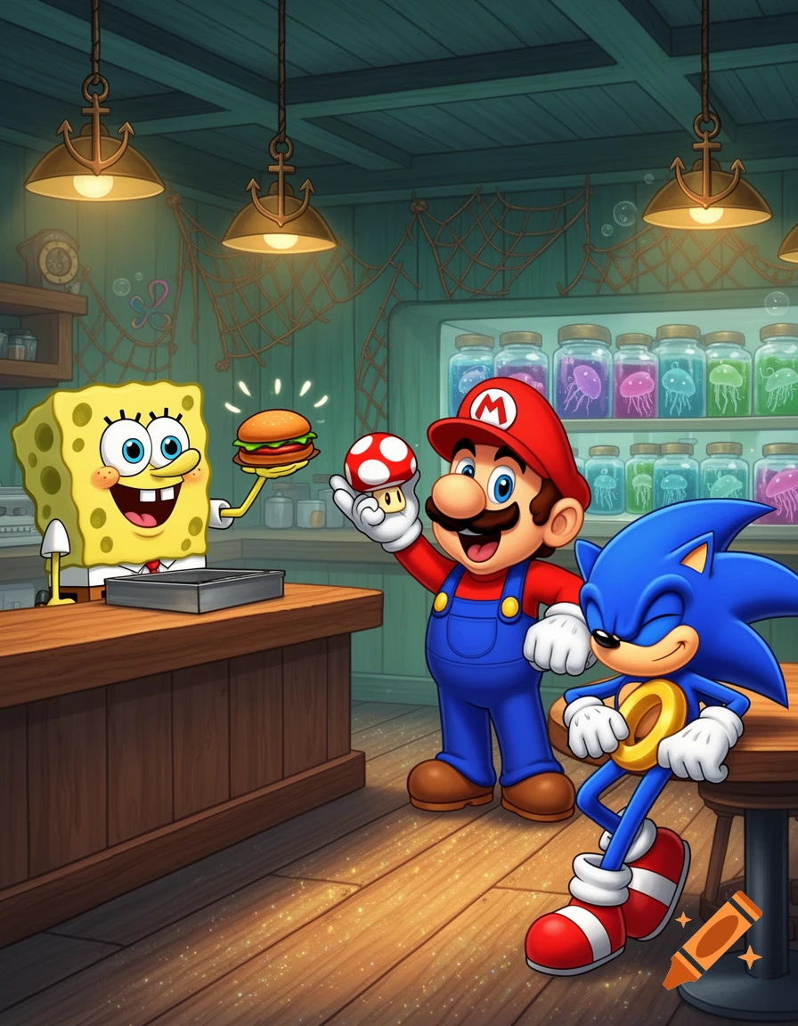 Spongebob holds a burger, Mario holds a mushroom, and Sonic sits with a ring in a cartoon restaurant.