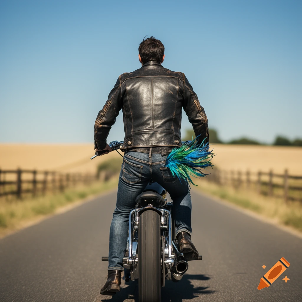 Rear view of a man on a motorcycle, wearing a leather jacket and jeans with a large blue and green feather tucked into his back pocket, on a road through fields under a clear sky.