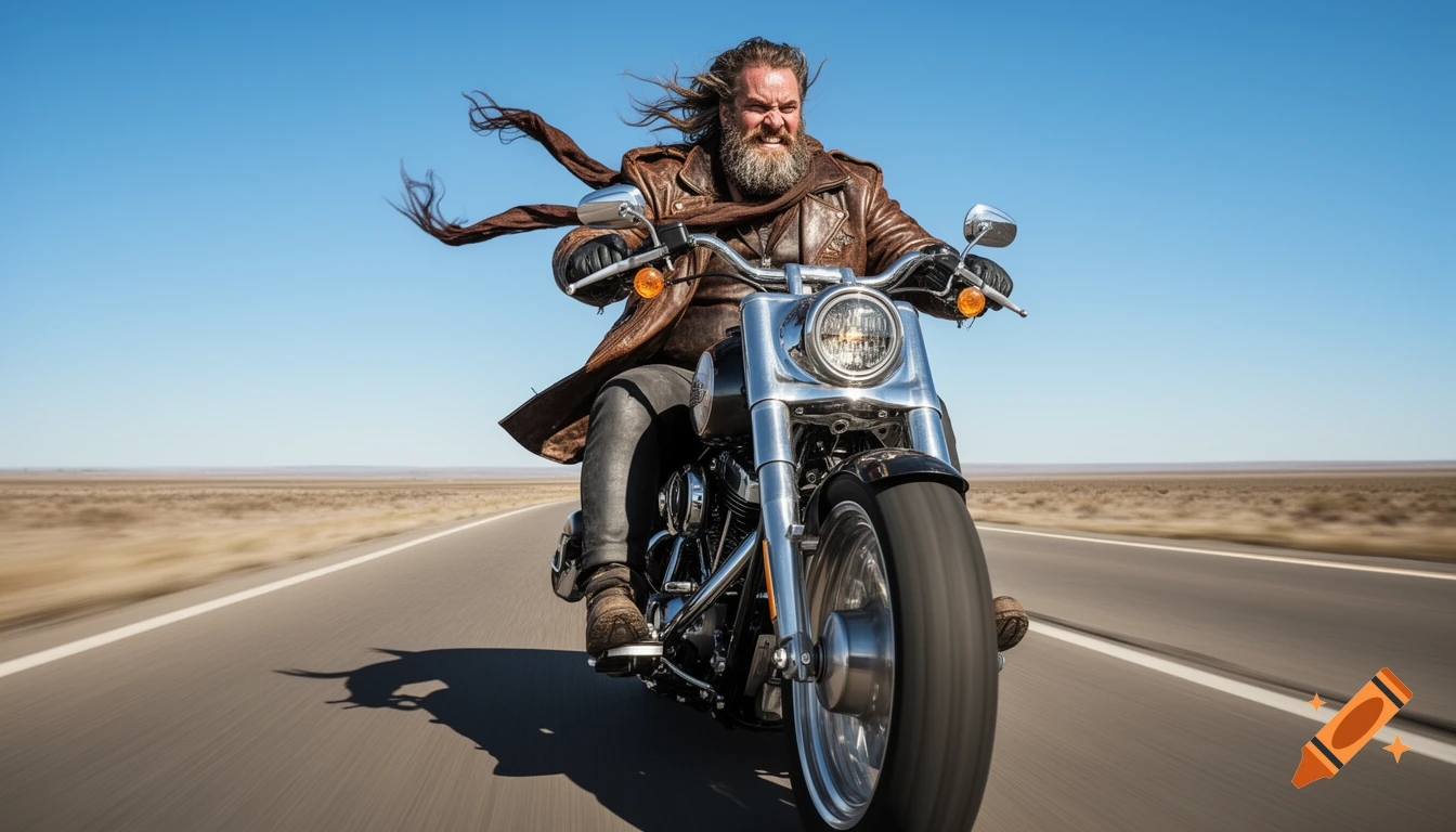 A bearded man on a motorcycle, with a scarf and hair whipping in the wind, rides down a highway under a clear blue sky.
