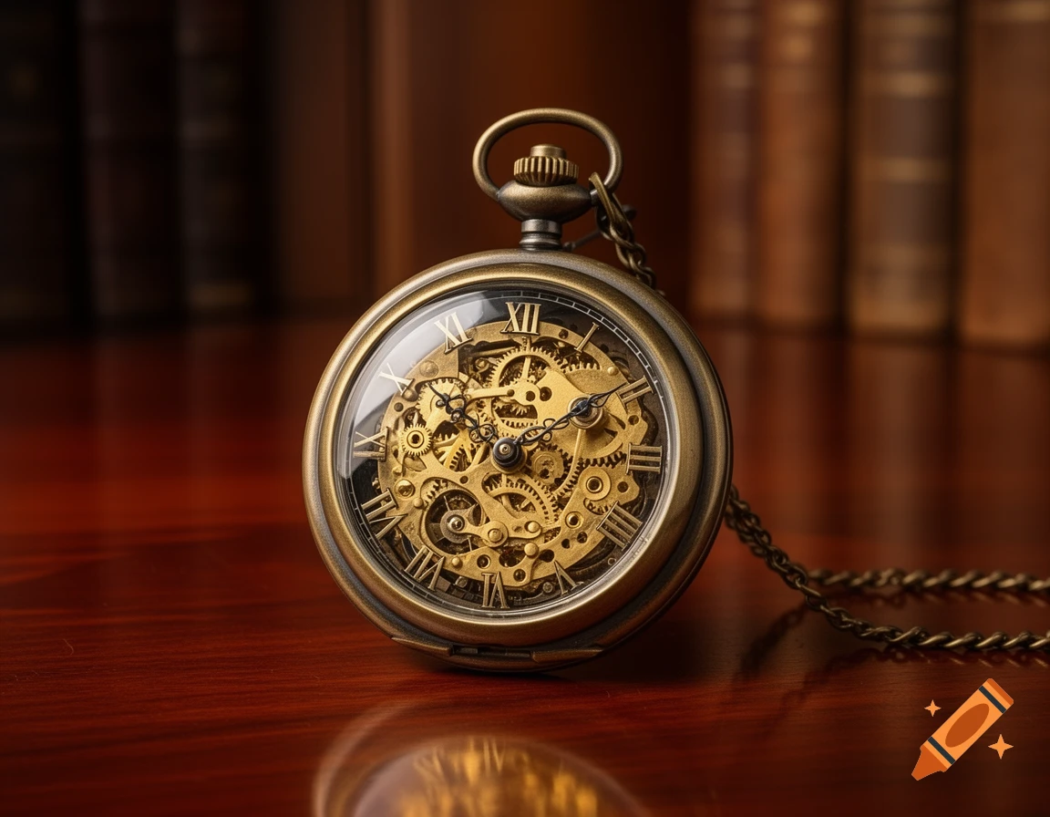A detailed, close-up shot of a brass skeleton pocket watch with Roman numerals and visible gears, on a polished wooden desk with blurred books in the background.