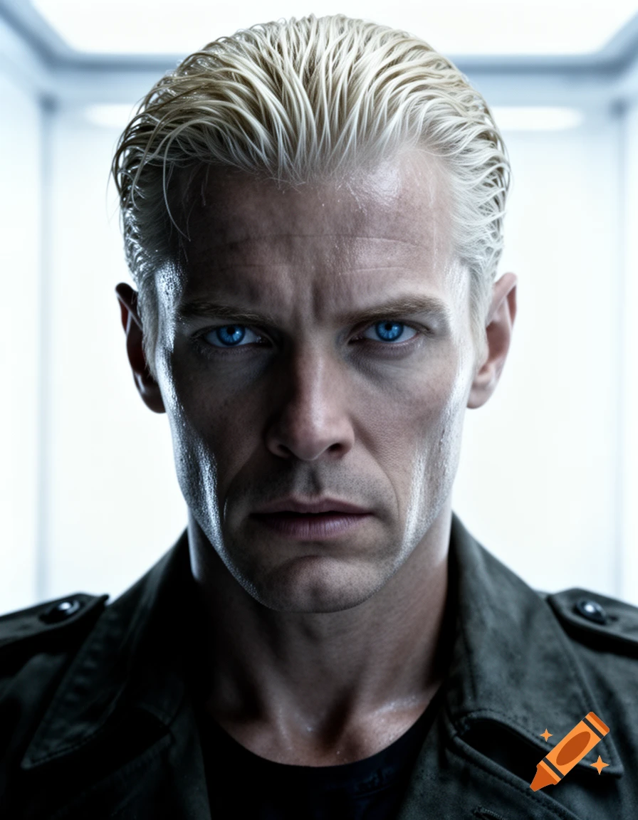 Close-up, photorealistic portrait of a stern man with slicked-back blonde hair and piercing blue eyes, wearing a dark green coat.