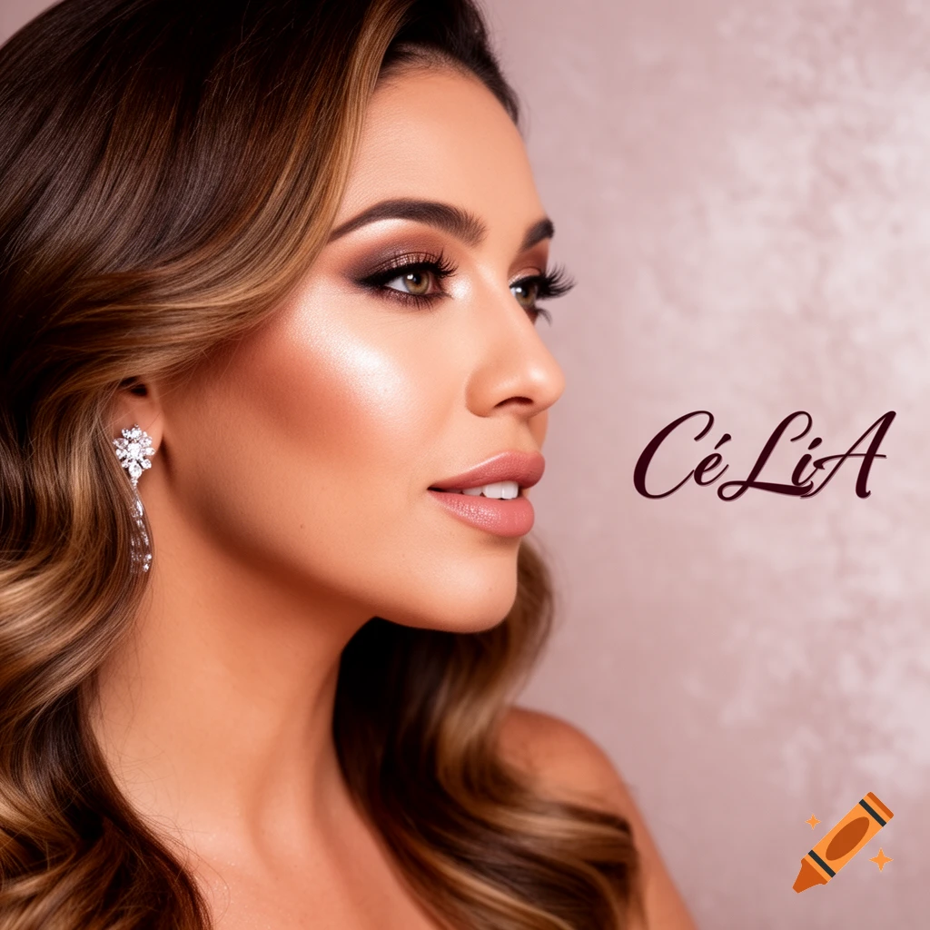 Close-up profile of a woman with detailed makeup and styled hair, wearing an ornate earring, against a light pink background with text 'CéLiA'.