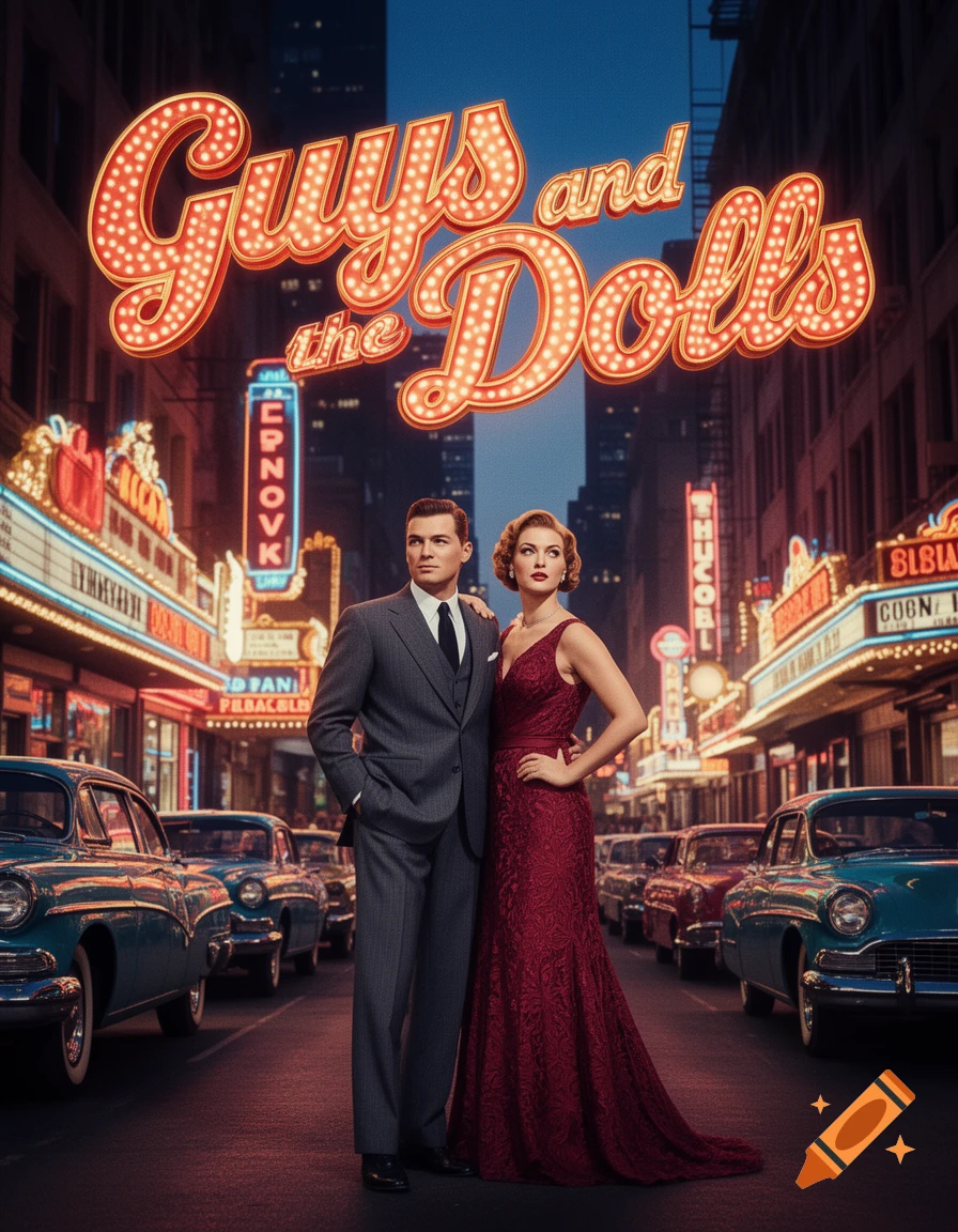 Man in suit, woman in red gown stand on a neon-lit city street with classic cars, under a large 'Guys and the Dolls' sign.