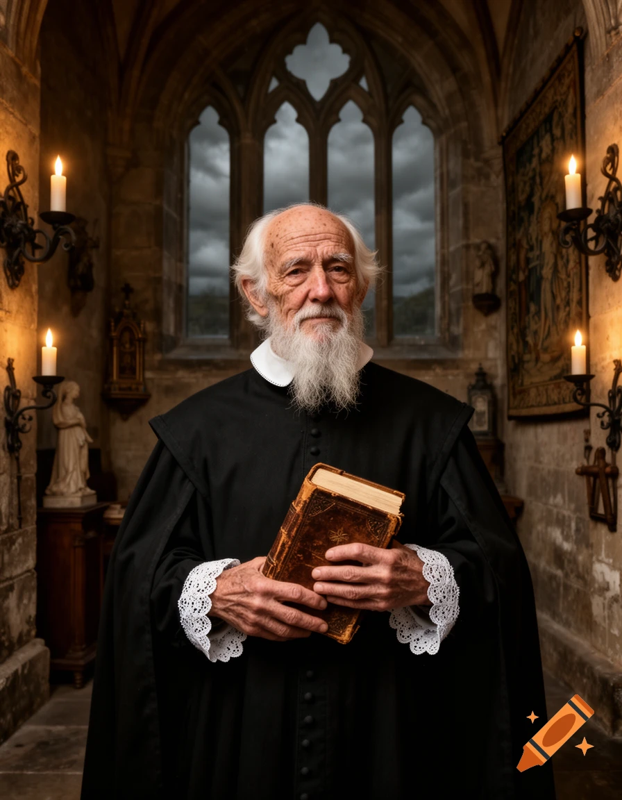 An old man with a white beard, dressed in black clerical robes with white cuffs and collar, holds an ancient book inside a dimly lit Gothic cathedral.