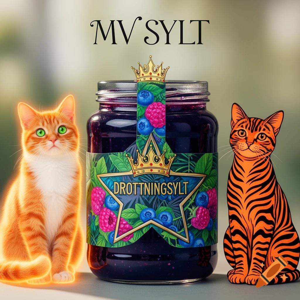 An orange cat with a glow and an orange striped cat sit next to a jar of 'DROTTNINGSYLT' jam. 'MV SYLT' is above.