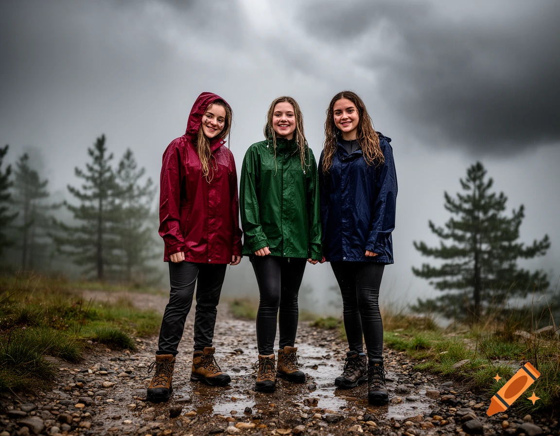Three young women in raincoats stand on a wet, rocky path on a cloudy, rainy day with pine trees in the background.