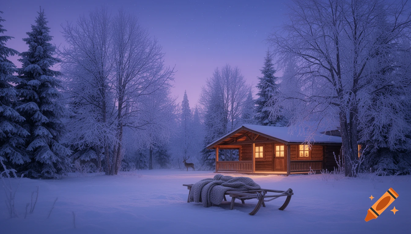 Photorealistic image of a cozy wooden cabin with illuminated windows in a snowy winter forest at dusk, with a deer and a sled.