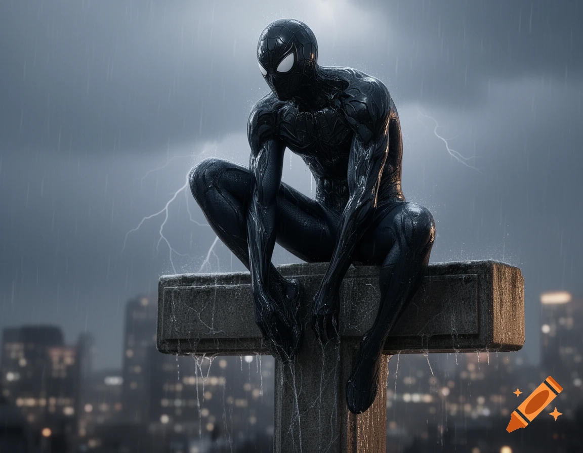 Spider-Man in a black symbiote suit crouches on a concrete structure in the rain with lightning, overlooking a city skyline at dusk.