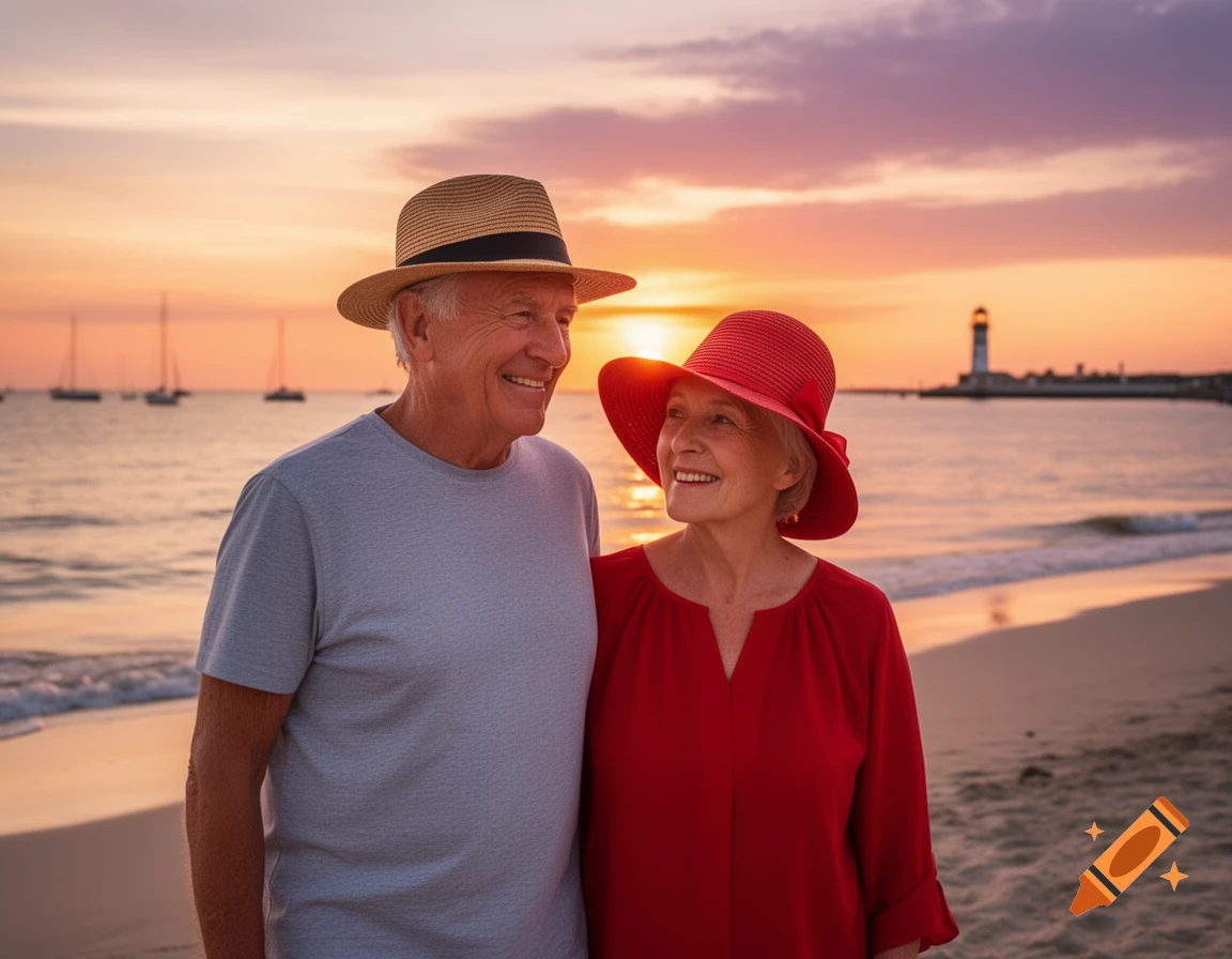 An elderly couple stands on a beach at sunset, smiling at each other. The man wears a straw hat and grey t-shirt, the woman a red hat and blouse. Boats and a lighthouse are in the background.