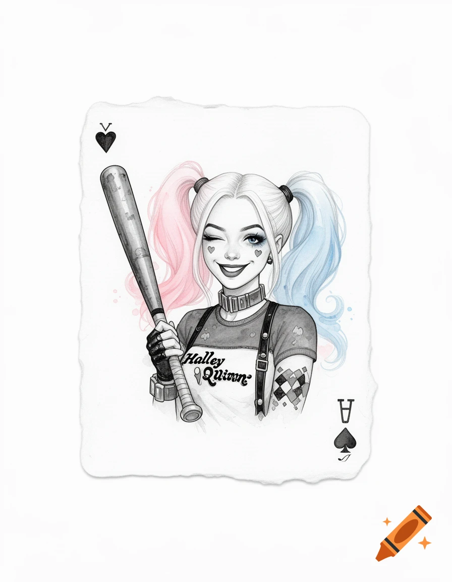 An illustration of Harley Quinn winking and holding a baseball bat, with pink and blue pigtails, on a torn playing card background.