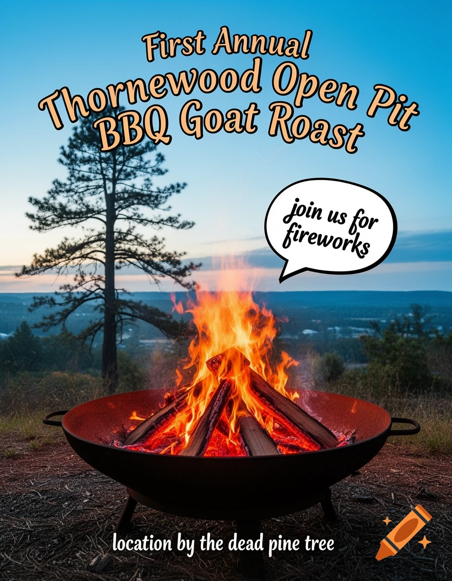 Flyer for a BBQ goat roast with a bonfire under a blue sky, pine tree, and text for fireworks and location.