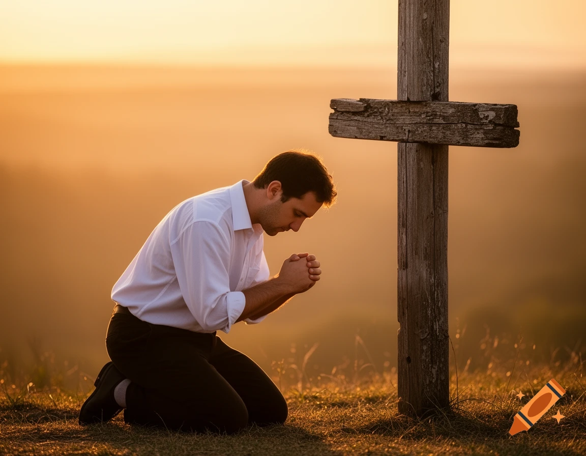 A man kneels with clasped hands before a wooden cross at sunset, appearing to pray.