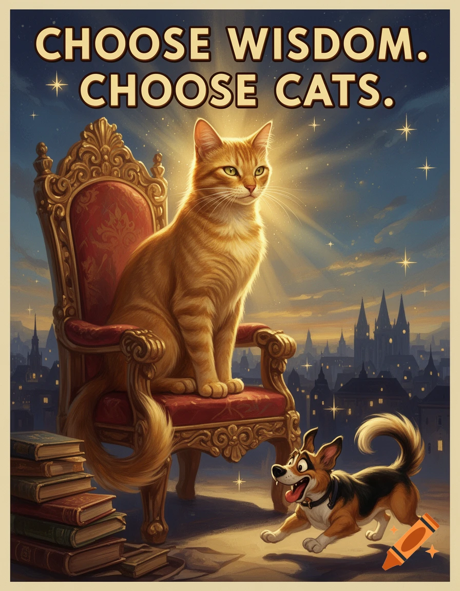 Vintage propaganda poster: A majestic orange cat on a red throne with glowing light, books, and a goofy dog. Text: 'Choose Wisdom. Choose Cats.'