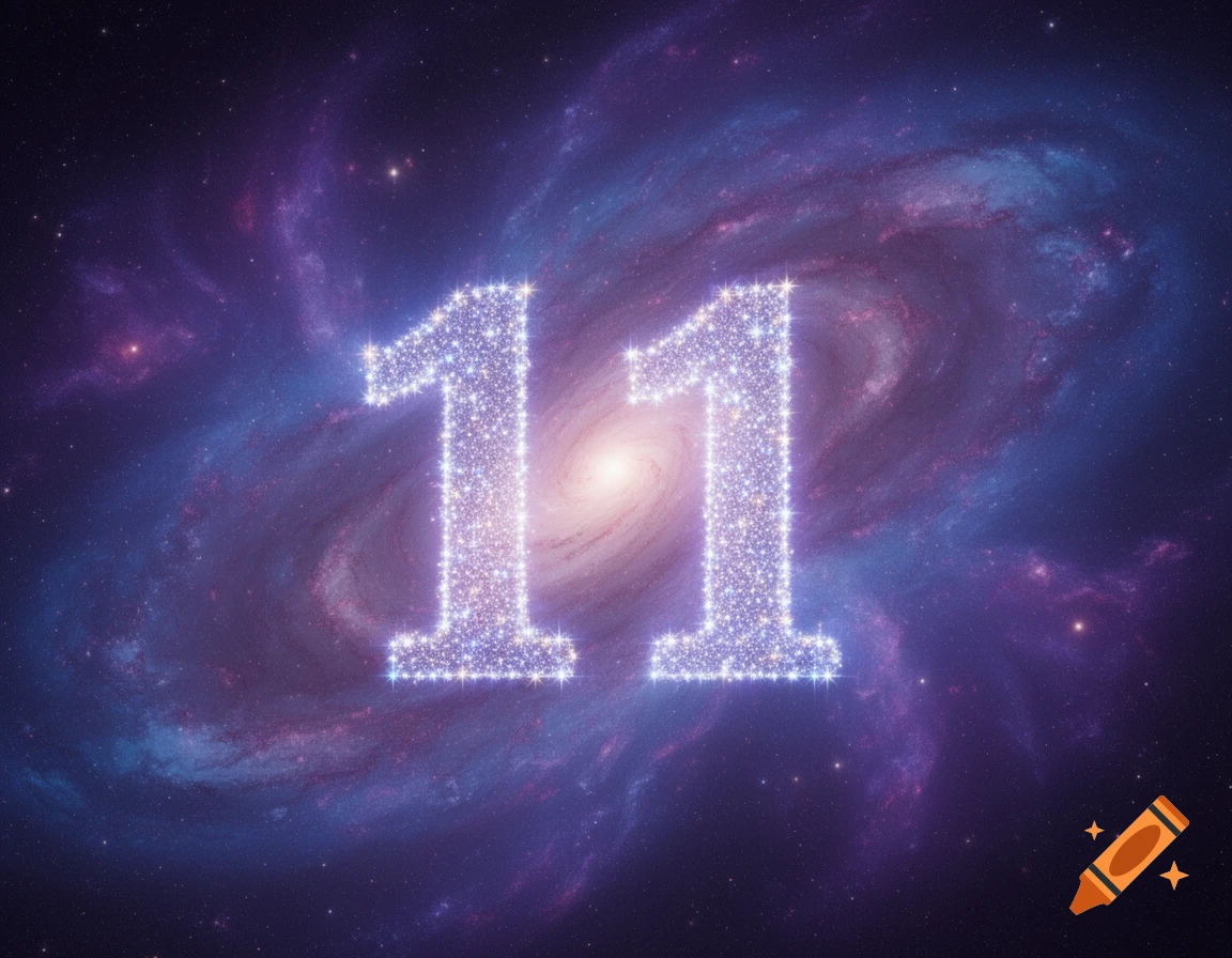 The number 11 formed by sparkling stars in the center of a vibrant purple, blue, and pink galaxy with nebulas.
